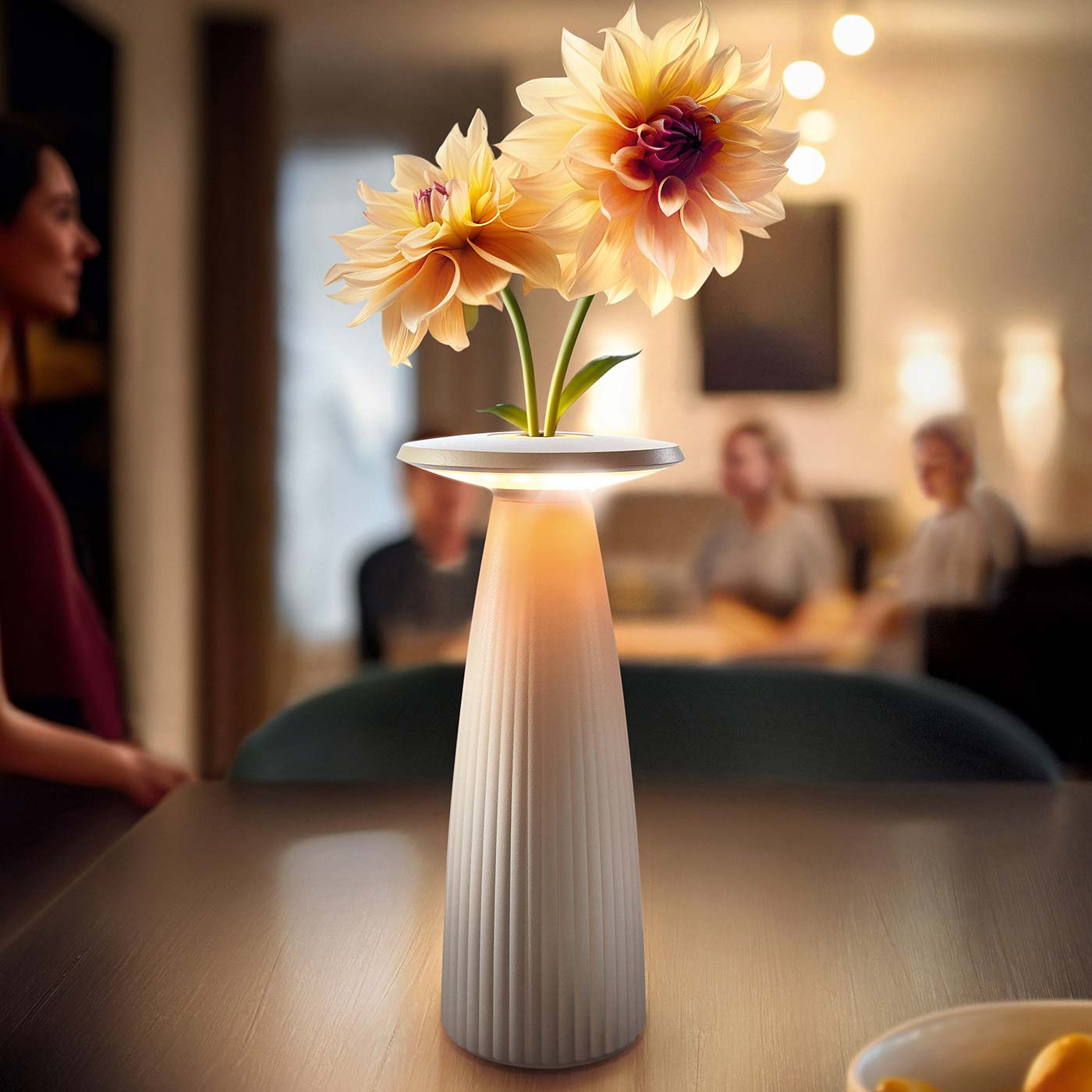 Sigor Nuflair lampe, vase à fleurs, sans fil, rechargeable en beige avec des fleurs