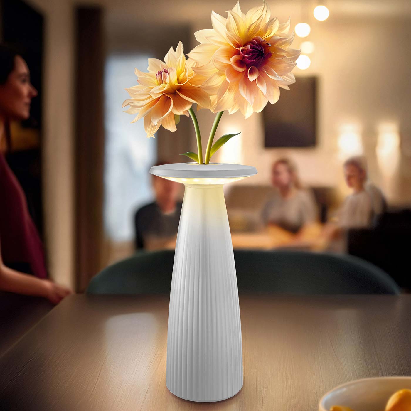 Sigor Nuflair lampe, vase à fleurs, sans fil, rechargeable en blanc avec des fleurs