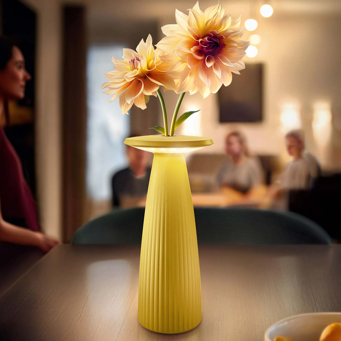 Sigor Nuflair lampe, vase à fleurs, sans fil, rechargeable en jaune avec des fleurs